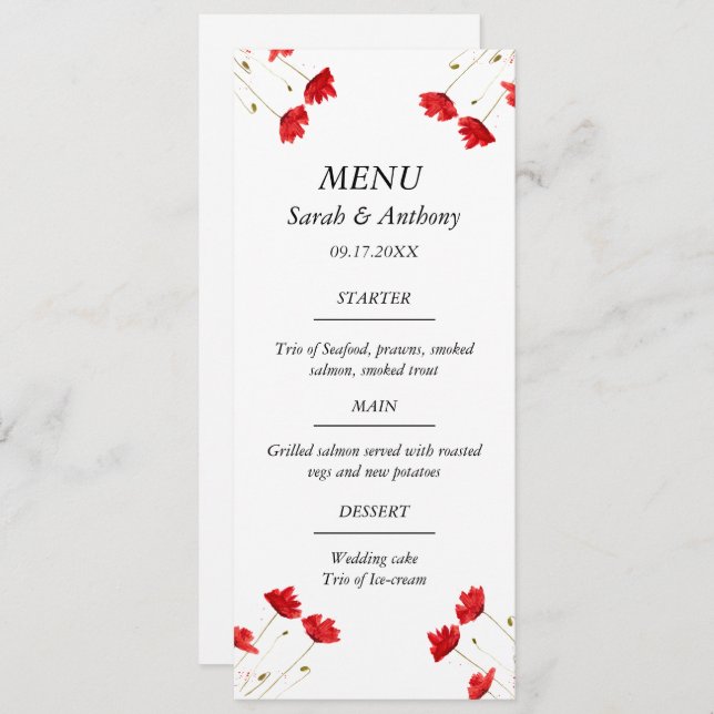 Menu Poppies rouges Pavot Floral Aquarelle Mariage (Devant / Derrière)