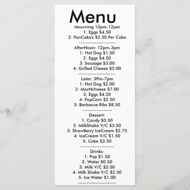 Menu pour resturant (Devant)