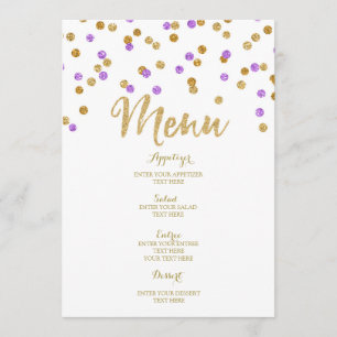 Menu pourpre de mariage de confettis d'or