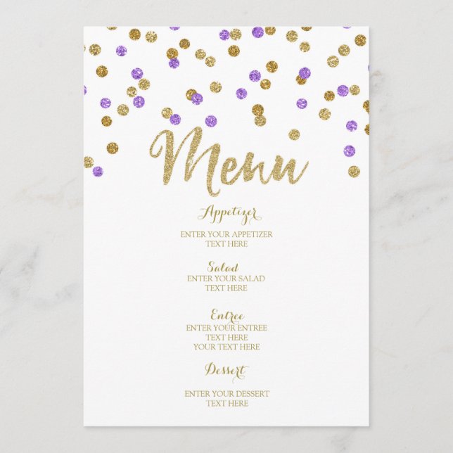 Menu pourpre de mariage de confettis d'or (Devant)