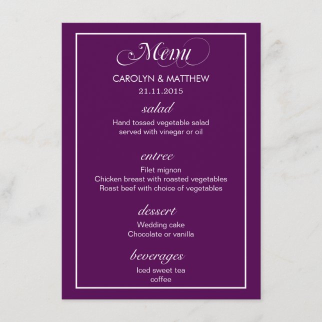 Menu pourpre simple chic élégant 3 de mariage (Devant)
