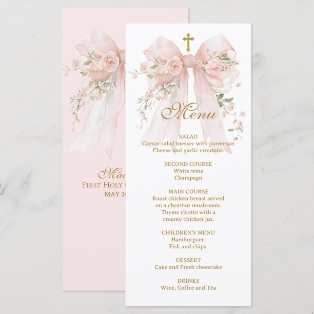 Menu Premier Communion au Ruban Floral - Coquette (Devant / Derrière)
