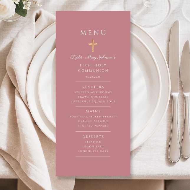 Menu Première communion d'une fille élégante rose (Elegant Pink Girl First Communion Menu)