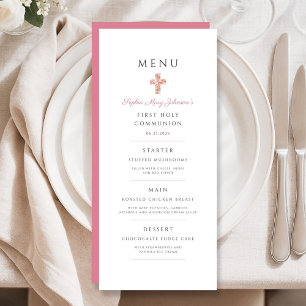 Menu Première communion élégante croix florale rose