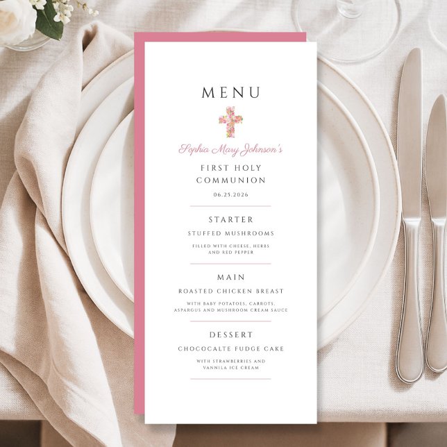 Menu Première communion élégante croix florale rose (Elegant Pink Floral Cross First Communion Menu)