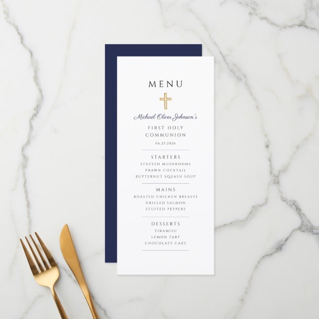 Menu Première communion garçon bleu marine élégant (Devant/Arrière en situation)