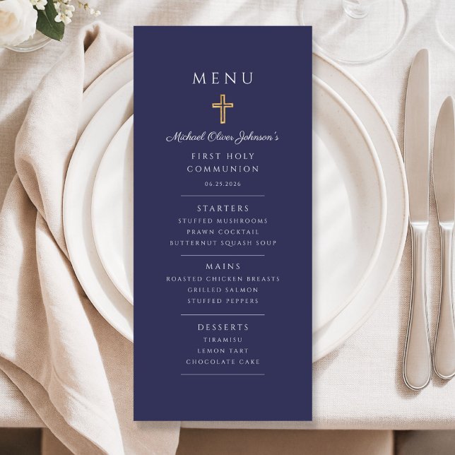 Menu Première communion garçon bleu marine élégant (Elegant Navy Blue Boy First Communion Menu)