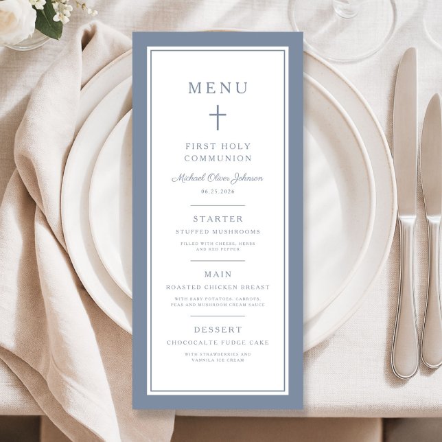 Menu Première communion garçon croix bleu poussiéreux m (Modern Dusty Blue Cross Boy First Communion Menu)