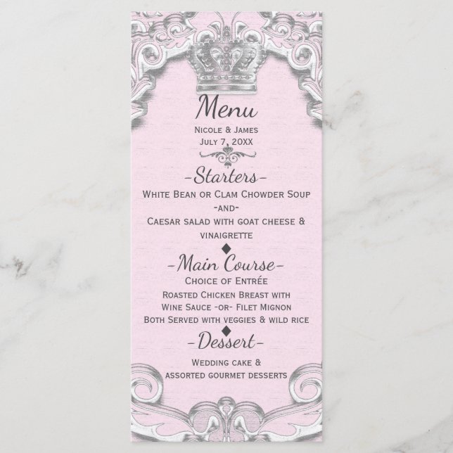 Menu Princesse de Conte de Fées Rose Vintage (Devant)