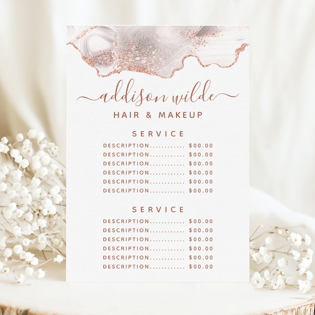 Menu Prix de service en marbre blanc agate or rose chic (Créateur téléchargé)
