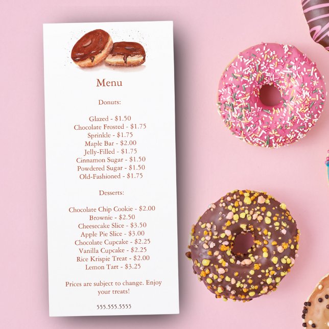 Menu Prix des beignets glacés au chocolat à l'aquarelle (Enhance Your Bakery's Charm: Display Our Watercolor Chocolate Glazed Donuts Price Menu.)