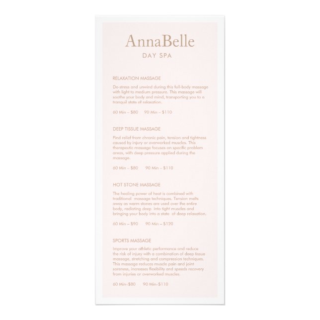 Menu Prix du Salon Spa rose clair simple (Devant)