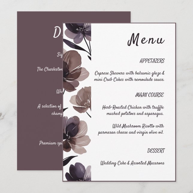 Menu Purple Floral Botanical Wedding (Devant / Derrière)