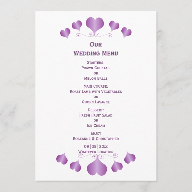 Menu Purple Hearts Design Wedding (Devant)