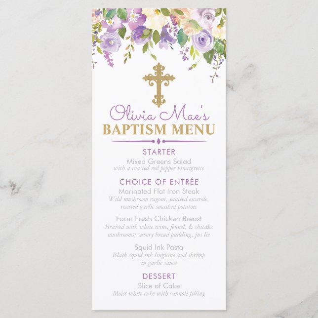 Menu Purple Peony Girl Baptism Custom Event (Devant)