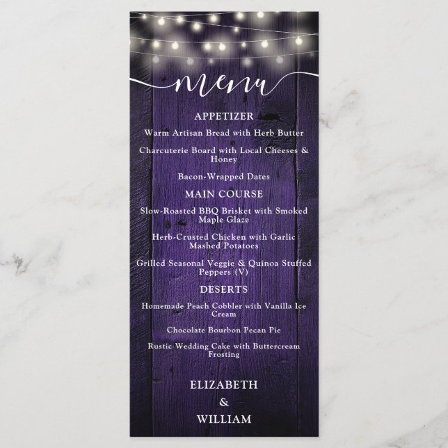 Menu Purple Rustique Chaîne Lumières Barre Mariage en b (Devant)