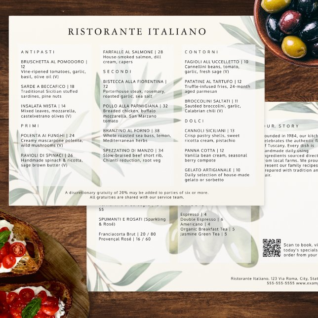 Menu QR Code Moderne et Élégant pour Restaurant It (A menu for an Italian restaurant, with olives design and customizable QR code and text)