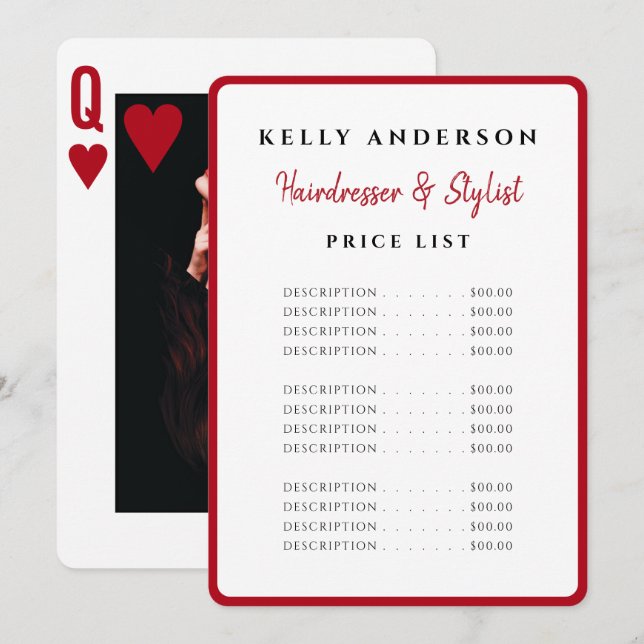 Menu Queen of Hearts Red Photo Services Hairdresser (Devant / Derrière)