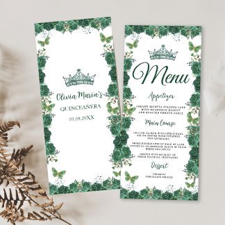 Menu Quinceañera Emerald Green Floral Butterflies Tiara