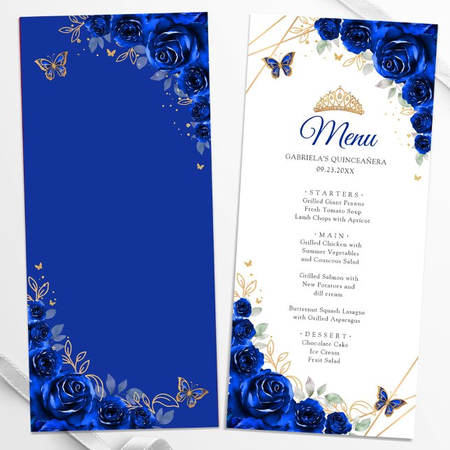 Menu Quinceanera Floral Bleu Royal Or (Créateur téléchargé)