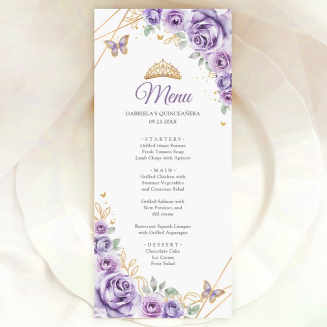 Menu Quinceanera Florale d'or violet Lilac (Créateur téléchargé)