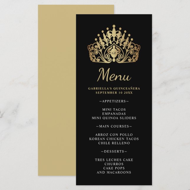 Menu Quinceanera Gold et Black Princess Tiara Crown (Devant / Derrière)