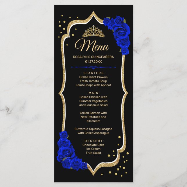 Menu Quinceanera Royal Bleu Noir Or (Devant)