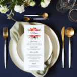 Menu Radiant Romance Floral Mariage<br><div class="desc">Ce menu mariage de Blush Romance comporte le texte "Menu" encadré de fleurs d'aquarelle en bordeaux, corail et rose vif, accentué de feuilles botaniques verts et de feuillage. Modifiez simplement les zones de texte pour customiser. La couleur située à l'arrière du menu peut être modifiée dans l'éditeur. Conçu pour vous...</div>