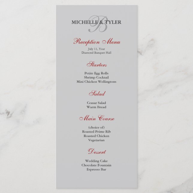 Menu Réception Argent et Monogramme Rouge (Devant)