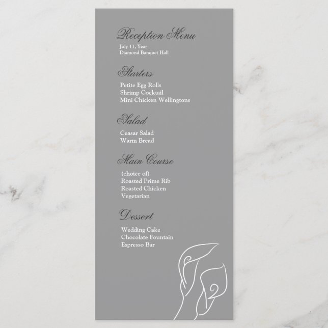 Menu Réception Calla Lilies Blanc & Argent (Devant)