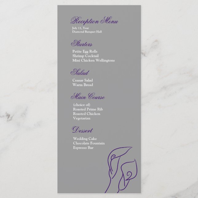 Menu Réception Calla Lilies violet et argent (Devant)