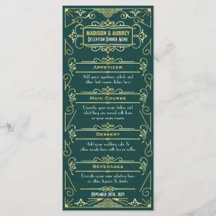 Menu Réception de mariage Art déco Dîner Gold Green Foo