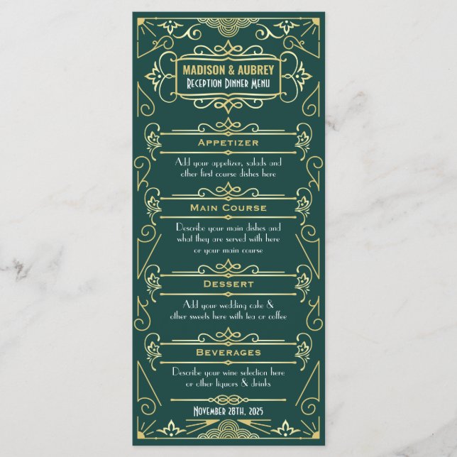 Menu Réception de mariage Art déco Dîner Gold Green Foo (Devant)