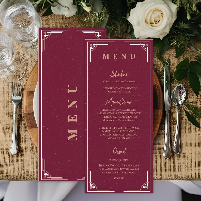 Menu Réception de mariage Art Déco or Bourgogne (Burgundy Gold Art Deco Wedding Menu Card Black Tie Gatsby Reception Menu)