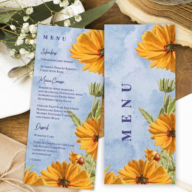 Menu Réception de mariage au thème aquarelle de tournes (Watercolor Sunflower Wedding Menu Card Summer Countryside Reception Dinner Menu)