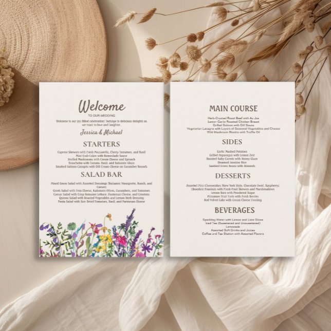 Menu Réception de mariage aux fleurs sauvages aquarelle (Watercolor wildflowers wedding reception 5"x7" menu)