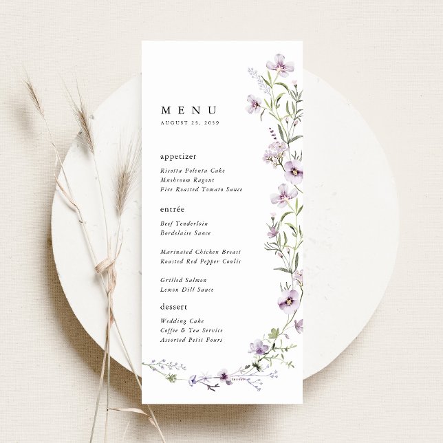 Menu Réception de mariage avec fleurs sauvages de lavan (Lavender Wildflower Wedding Menu Card, Lilac Floral Reception Menu, Purple Botanical Wedding Menu)