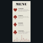 Menu Réception de mariage avec Las Vegas Casino Skyline<br><div class="desc">Un mariage amusant et moderne de destination Las Vegas skyline Dinner Menu qui ajoutera des détails spéciaux personnalisés à votre événement Las Vegas! Ce menu mariage propose des graphismes en couleur rouge, un rendu moderne de la ligne d'horizon de Las Vegas, ainsi que des polices et du texte entièrement personnalisables...</div>
