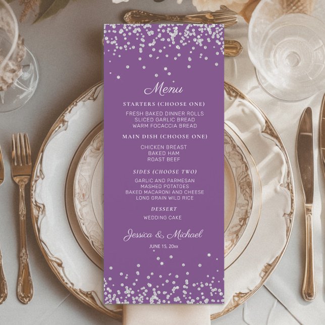 Menu Réception de mariage avec paillettes argentées vio (Purple wedding menu with silver glitter)