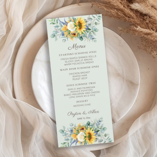Menu Réception de mariage avec tournesols et feuilles d (Sunflowers and eucalyptus wedding menu)