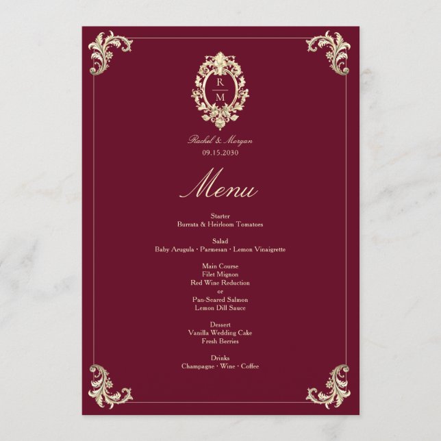 Menu Réception de mariage baroque en or de Bourgogne (Devant)