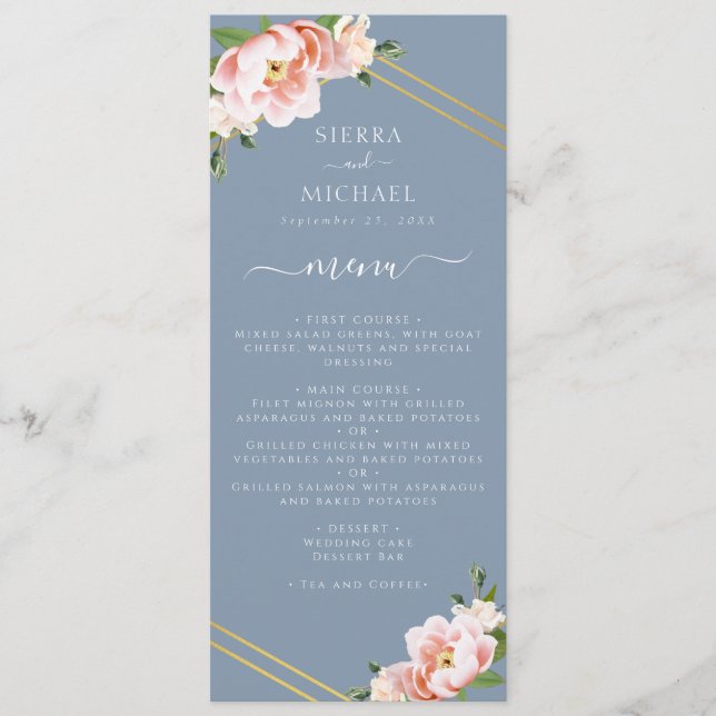 Menu Réception de mariage bleu Dusty Floral Blush (Devant)