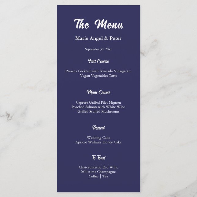 Menu Réception de mariage bleu marine minuit Monogramme (Devant)