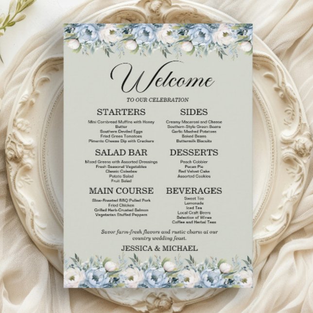 Menu Réception de mariage bleu poussiéreux floral et ve (Dusty blue and white watercolor floral on sage green 5"x7" wedding menu)