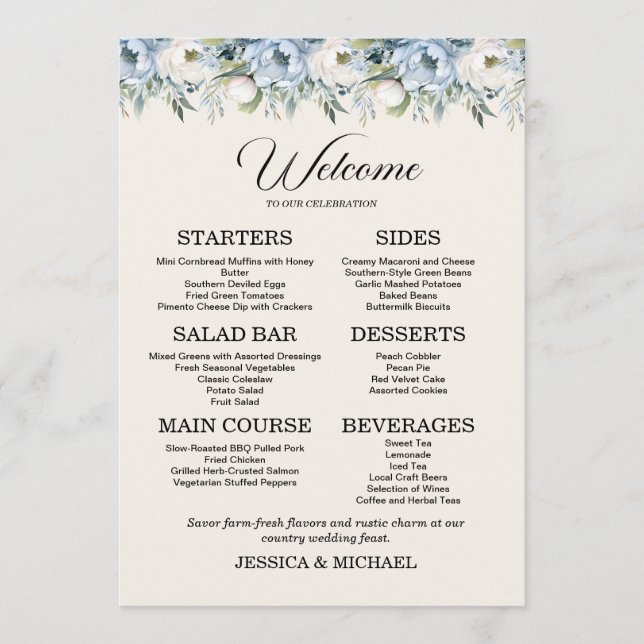 Menu Réception de mariage champêtre avec fleurs bleues  (Devant)