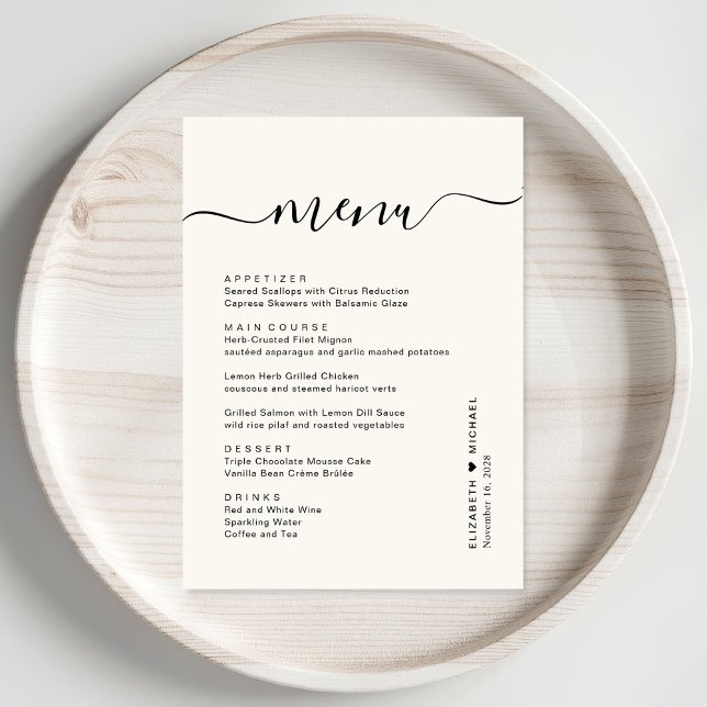 Menu Réception de mariage chic écriture cream (Créateur téléchargé)