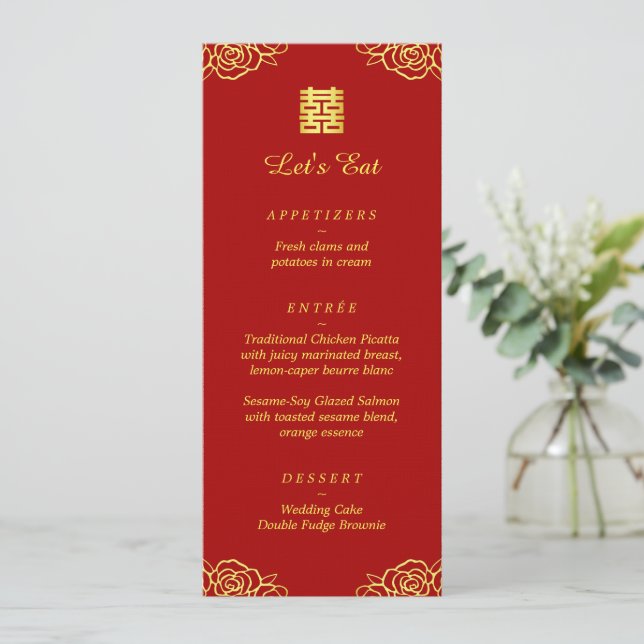 Menu Réception de mariage chinoise rouge or rose floral (Debout devant)