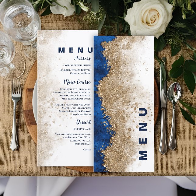 Menu Réception de mariage de luxe formelle bleu royal o (Royal Blue Gold Wedding Menu Card | Elegant Blue and Gold Reception Menu)