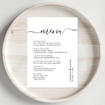 Menu Réception De Mariage De Script Chic<br><div class="desc">Menu de réception de mariage chic avec "menu" dans un script de calligraphie élégant avec des swashes,  votre menu customisé dans une typographie moderne simple,  vos prénoms unis par un coeur et votre date de réception.</div>