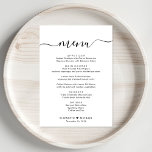 Menu Réception De Mariage De Script Élégante<br><div class="desc">Elégant menu de dîner de réception de mariage avec "menu" dans un script de calligraphie chic avec des swashes,  votre menu customisé en typographie simple,  vos prénoms unis par un coeur et votre date de réception.</div>